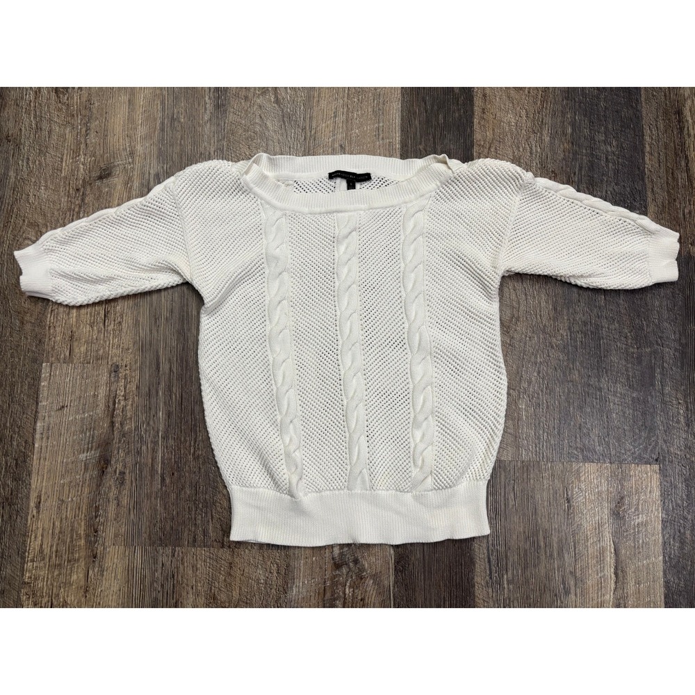 White House Black Market White Cable Open Knit Boat Neck Elbow Sleeve Sweater S